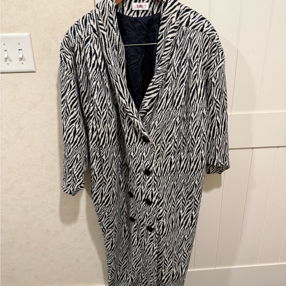 Vintage Zebra Print Long Coat Black & White Statement Jacket One Size